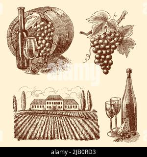 Wein Jahrgang Skizze dekorative Symbole Satz von Fass Traube Zweig Weingut isoliert Vektor-illustration Stock Vektor