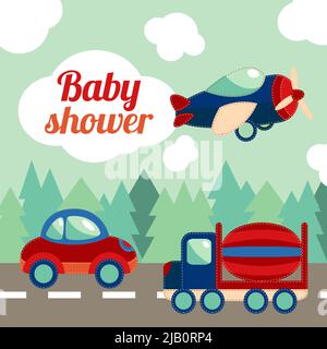 Spielzeug-Transport auf der Straße mit Wald im Hintergrund Baby Dusche Einladung Karte Vektor-Illustration. Stock Vektor