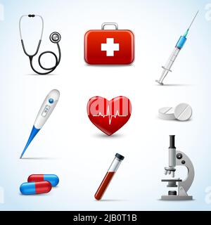 Realistische 3D-Icons der medizinischen Notfall erste-Hilfe-Pflege-set mit Herz-Pille-Thermometer isoliert-Vektor-illustration Stock Vektor