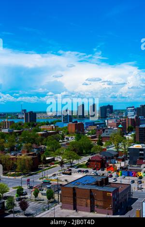 Panoramafild der Westseite von Windsor Ontario mit Blick auf Detroit Michigan Stockfoto