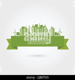 Eco Stadt Stadtkonzept mit grünem Band und umweltfreundliche Gebäude Vektor-Illustration Stock Vektor