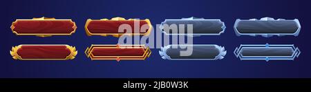 Holzknöpfe mit Gold- und Silberrahmen für das Spiel-ui-Design. Vektor Cartoon Satz von leeren Rechteck-Tasten mit Holz-Textur und goldenen und Metallrahmen im mittelalterlichen Stil Stock Vektor