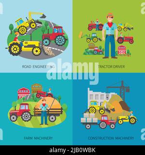 Traktorfahrer-Design-Konzept-Set mit Straßenbau Bauernhof und Baumaschinen flache Symbole isoliert Vektor-Illustration Stock Vektor