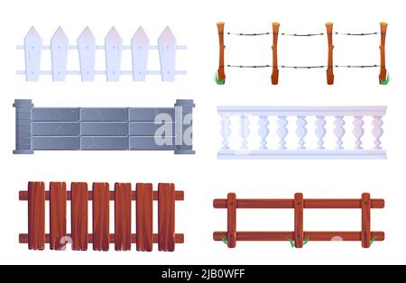 Zaun, Vektor Holz und Stein Geländer. Bauernhof Palisade Tore, Balustrade mit Pflöckern oder Barndraht. Gehäuse Geländer oder Einzäunungen mit dekorativen Säulen 2D Elemente, isolierte Cartoon-Set Stock Vektor