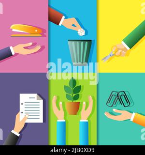 Business Hands Gesten Design-Elemente von Bürobedarf und Anlage isoliert Vektor-Illustration Stock Vektor