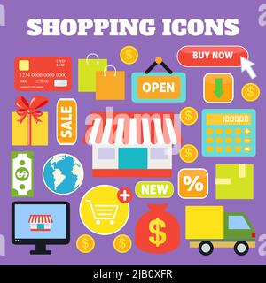 Shopping dekorative Symbole Set mit Plastikkarte Geldbeutel isoliert Vektor-Illustration Stock Vektor