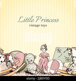 Vintage Kinderspielzeug shop kleine Prinzessin Skizze Broschüre Vorlage mit Puppe-Elefant-Teddybär-Vektor-illustration Stock Vektor