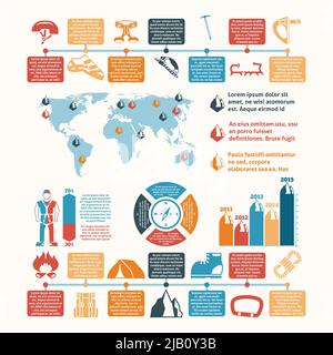 Berggipfel Aufstieg Aufzeichnungen Weltkarte und Kletterausrüstung Entwicklung Infografik Diagramm Layout Präsentation abstrakte Vektor Illustration Stock Vektor