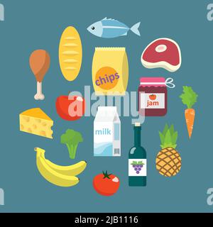 Online Supermarkt Lebensmittel flach Konzept der Lebensmittel oder Metzgerei Design-Elemente mit Fleisch Fisch Obst und Gemüse Vektor-Illustration Stock Vektor