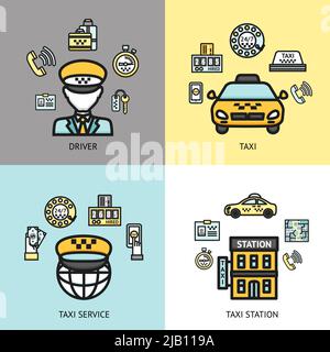 Taxistand 24h verfügbar Call Service 4 flache Icons Komposition mit professionellen Fahrer abstrakt isoliert Vektor-Illustration Stock Vektor