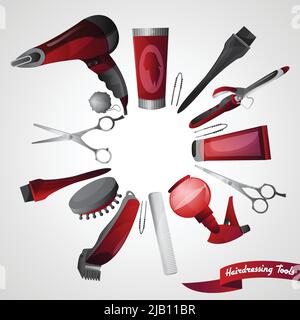 Friseur-Shop-Konzept mit Friseur Zubehör-Set isoliert Vektor-Illustration Stock Vektor