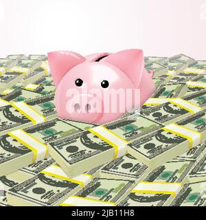 Rosa niedlichen Sparschwein Geld Safe Box in Haufen von Dollar-Stapel Hintergrund Vektor-Illustration Stock Vektor