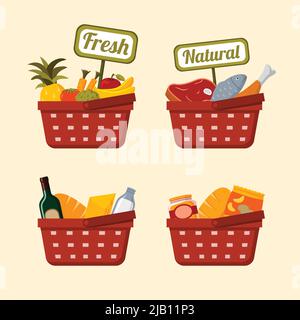 Warenkorb mit Supermarkt frische und natürliche Gemüse Obst Fleisch Huhn und Fisch isoliert Vektor-illustration Stock Vektor