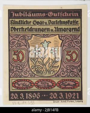 Bon Na 50 Pfennig, Niemcy, ländliche Ersparnisse und Kreditkasse, obere Helden, 20.03.1921 12,1921r. Stockfoto