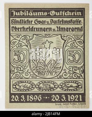 Bon Na 50 Pfennig, Niemcy, ländliche Ersparnisse und Kreditkasse, obere Helden, 20.03.1921 12,1921r. Stockfoto