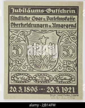 Bon Na 50 Pfennig, Niemcy, ländliche Ersparnisse und Kreditkasse, obere Helden, 20.03.1921 12,1921r. Stockfoto