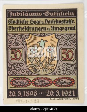 Bon Na 50 Pfennig, Niemcy, ländliche Ersparnisse und Kreditkasse, obere Helden, 20.03.1921 12,1921r. Stockfoto