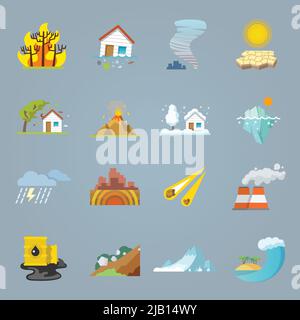 Symbole für Naturkatastrophen, flaches Set mit Vektorgrafik für Hurrikan-Tornado-Waldbrand Stock Vektor