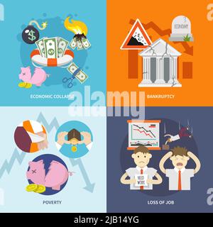 Wirtschaftskrise Design-Konzept mit Zusammenbruch Konkurs Armut Arbeitsplatzverlust flach Symbol isoliert Vektor-Illustration gesetzt Stock Vektor