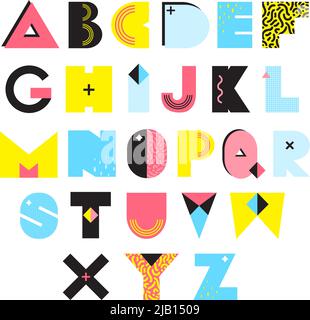 Buntes Alphabet im memphis-Stil mit Texturen und Ornamenten helle geometrische Elemente isoliert Vektor-Illustration Stock Vektor