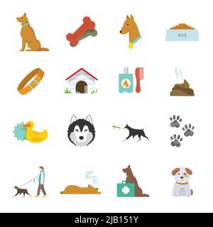 Dog Icons flaches Set mit Mist Zwinger Leine Food Bowl isolierte Vektor-Illustration Stock Vektor