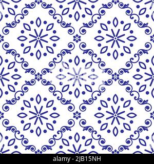 Azulejo Fliesen im Lissabonner Stil nahtlos Vektor in Indigo oder Marineblau mit Blumen und Blättern, repetitives Design inspiriert von Kunst aus Portugal Stock Vektor