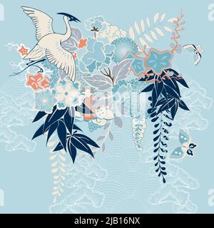Japanische Kimono-Motiv mit Kran und Blumen Vektor-illustration Stock Vektor