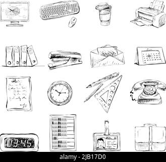 Büro Geschäftsausstattung liefert Symbole Satz von Computer-Tastatur-Drucker und Telefon isoliert-Skizze-Vektor-illustration Stock Vektor