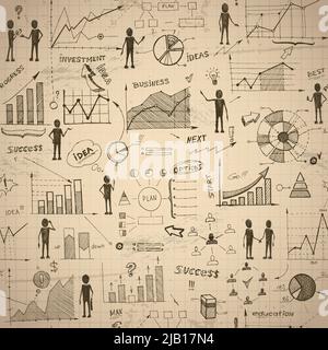 Nahtlose Retro-Doodle Infografiken Muster mit Kaffee-Flecken-Vektor-illustration Stock Vektor