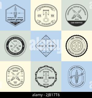 Reparatur-Werkstatt Premium Auto Garage Service Embleme Satz isoliert Vektor Illustration Stock Vektor
