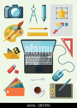 Grafik Designer Studio Tools Arbeitsplatz Symbole setzen isoliert Vektor Illustration Stock Vektor