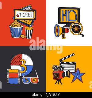 Kino retro Film Haus Tickets 3d-Brille mit Film-Projektor vier flache Symbole Zusammensetzung abstrakt Vektor Illustration Stock Vektor