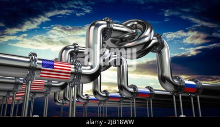 Öl- oder Gaspipeline, Flaggen der USA und Russlands - 3D Abbildung Stockfoto