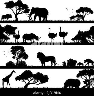Afrikanische Landschaft mit Bäumen und wilden Tieren schwarze Silhouetten Vektor-Illustration Stock Vektor