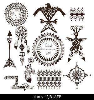 Tribal native american indian Tribes ornamental schwarz und weiß dekorative Elemente setzen isoliert Vektor Illustration Stock Vektor
