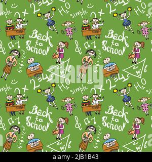 Kinder cheerleading Lernen mit Schule Zubehör Hintergrund nahtlose Doodle Skizze Muster Vektor Illustration Stock Vektor