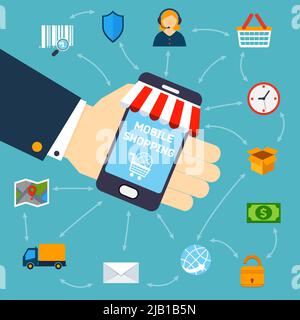 Menschliche Hand hält Handy-Shopping-Konzept Vektor-Illustration Stock Vektor