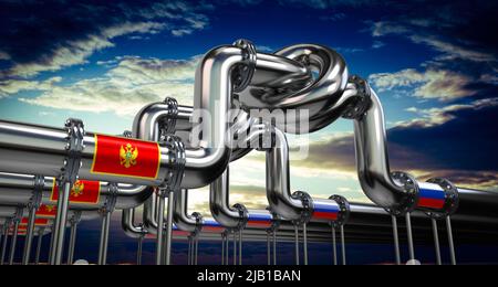 Öl- oder Gaspipeline, Flaggen von Montenegro und Russland - 3D Abbildung Stockfoto