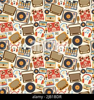 Retro Musik nahtlose Muster mit Vinyl-Player Kassette Recorder vintage Mikrofon Vektor Illustration Stock Vektor