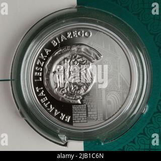 Polnische Republik, 10 Zlotys, Geschichte der polnischen Münzbremse Leszek Biały; 2014 Nationalbank Polens, Mennica Polska S.A. Stockfoto