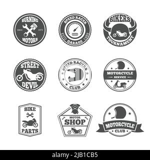 Speed Race Biker Garage Reparatur Service Embleme und Motorradclubs Turnier Labels Sammlung isoliert Vektor Illustration Stock Vektor