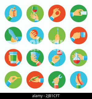 Menschliche Hände, die verschiedene Objekte halten flache Symbole setzen isolierte Vektordarstellung Stock Vektor