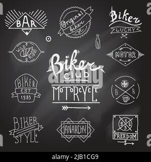 Vintage Abzeichen Biker Motor Emblem in Skizze Stil auf Kreidetafel Vektor-Illustration Stock Vektor