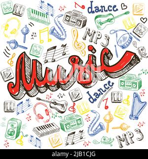 Musikkomposition mit Note Tanz Wörter Saxophon in Skizze Farbe Stil Vektor-Illustration Stock Vektor