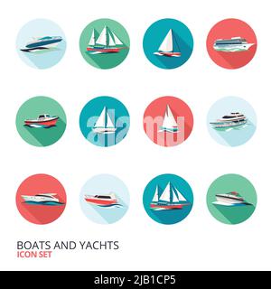 Ocean Urlaub Business Reise Tour Kreuzfahrt Yacht Liner Schiff flach rund solide isoliert Symbole setzen isoliert Vektor Illustration Stock Vektor