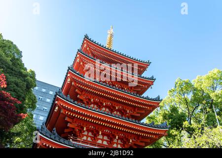 Fukuoka, JAPAN - Apr 6 2021: Pagode (Gojunotou) in Tocho-ji, dem ältesten Shingon-Tempel in Kyushu, der 806 von einem buddhistischen Mönch Kukai an sonnigen Tagen gegründet wurde Stockfoto