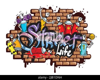 Dekorative städtische Welt Jugend Street Life Graffiti Kunst Spraycan Zeichen und tropfende fleckige Buchstaben Komposition Vektor Illustration Stock Vektor