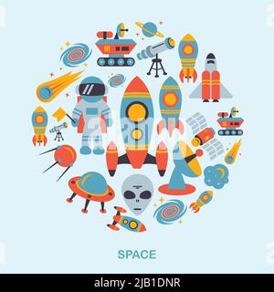 Raum und Astronomie Symbole flache Reihe von Raketen-Satelliten Erde Alien Vektor Illustration Stock Vektor