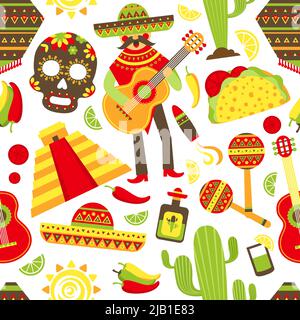 Mexiko nahtlose Muster mit Reisen traditionelle Musik Latino amerika Symbole Vektor Illustration Stock Vektor