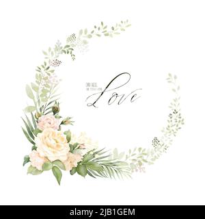 Aquarell Kranz Rahmen Design mit rosa Rosen und Blättern. Blumenvektorarrangements isoliert auf weißem Hintergrund, geeignet für Hochzeitseinladungen, Stock Vektor